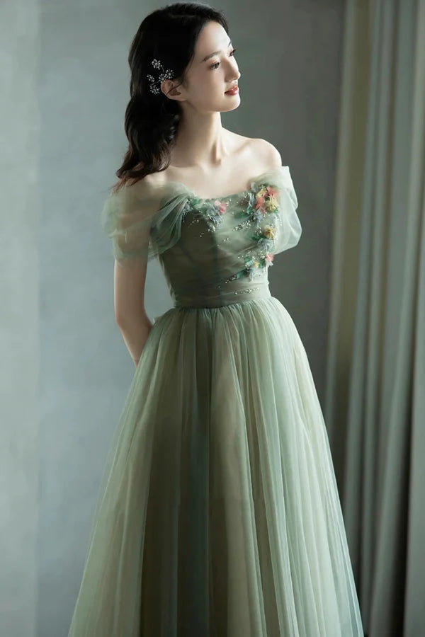 Wholesale Beautiful Tulle Flowers Long Prom Dress Green A-Line Formal Evening Dress