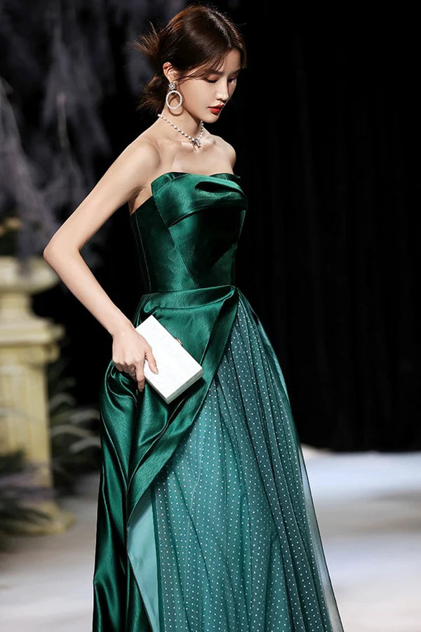 Wholesale Dark Green Satin Long Prom Dress Green A-Line Strapless Evening Dress