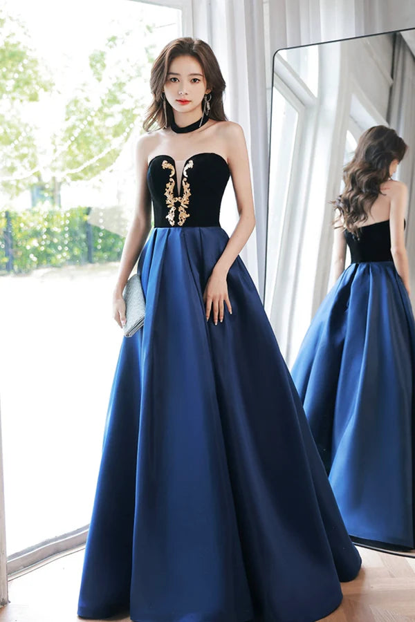 Wholesale Blue Velvet and Satin Floor Length Prom Dress Elegant Short Sleeve Evening Party Dress