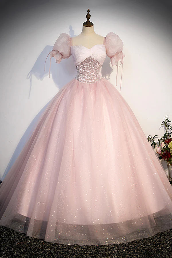 Wholesale Pink Tulle Sequins Long Prom Dress Lovely A-Line Short Sleeve Evening Party Dress