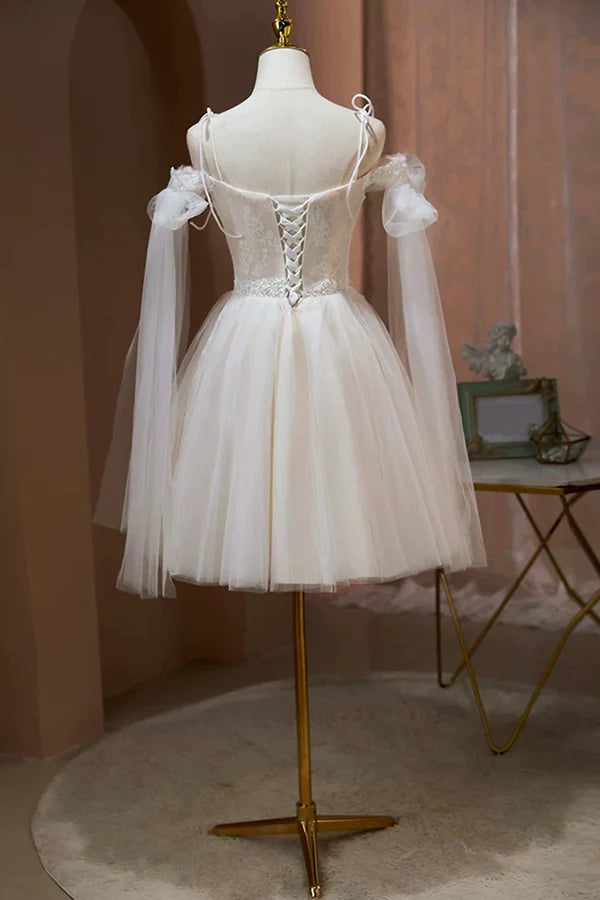 Wholesale Ivory Off-the-Shoulder Spaghetti Strap Lace Knee Length Prom Dress
