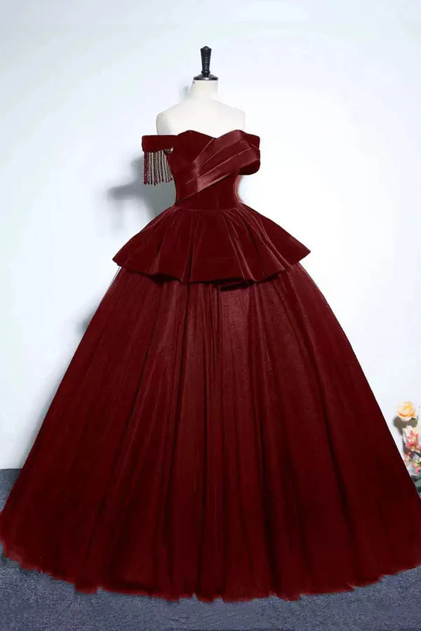 Wholesale Burgundy Velvet and Tulle Long Formal Dress A-Line Off the Shoulder Evening Party Dress