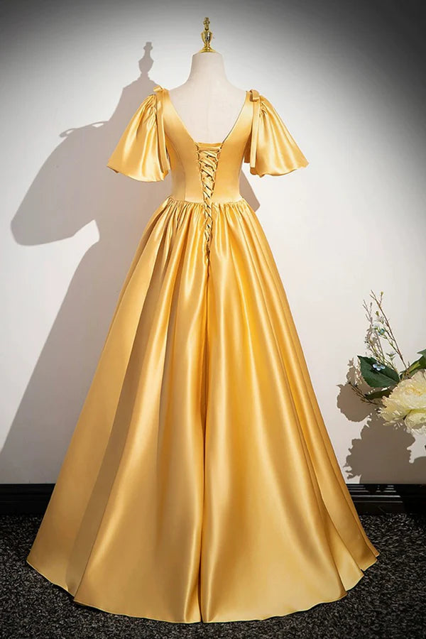 Wholesale Yellow V-Neck Satin Long Prom Dress Yellow A-Line Short Sleeve Evening Dress
