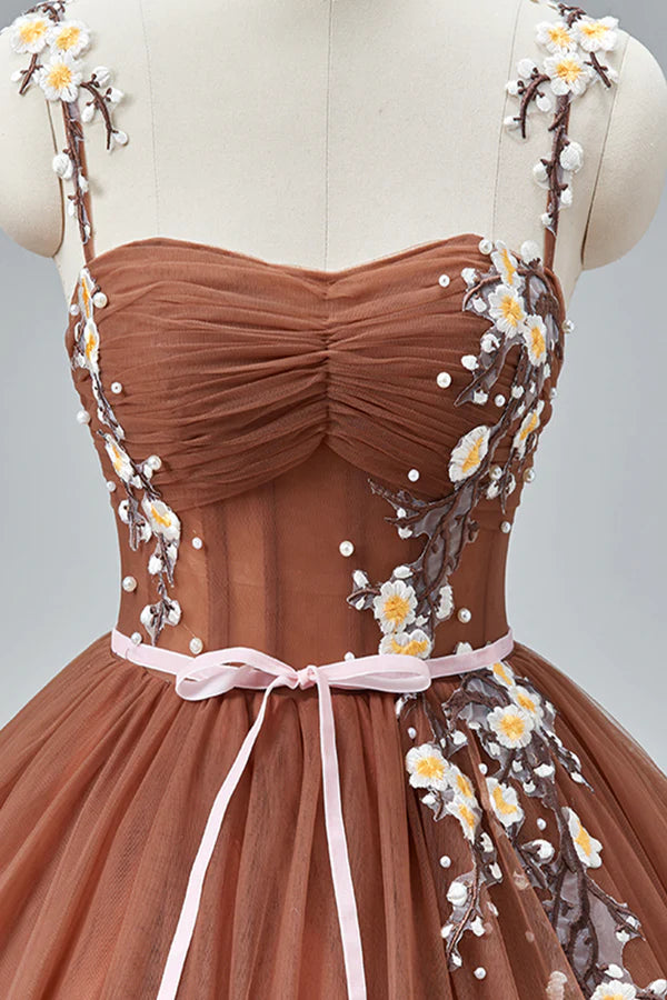 Wholesale Brown Tulle Lace Long Prom Dress Beautiful A-Line Spaghetti Strap Evening Party Dress