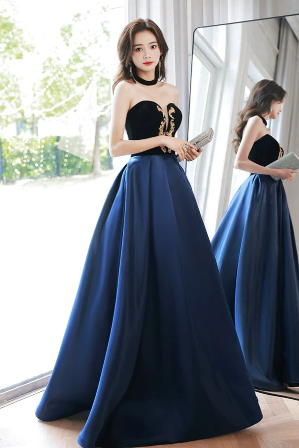 Wholesale Blue Velvet and Satin Floor Length Prom Dress Elegant Short Sleeve Evening Party Dress