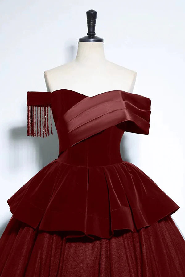 Wholesale Burgundy Velvet and Tulle Long Formal Dress A-Line Off the Shoulder Evening Party Dress
