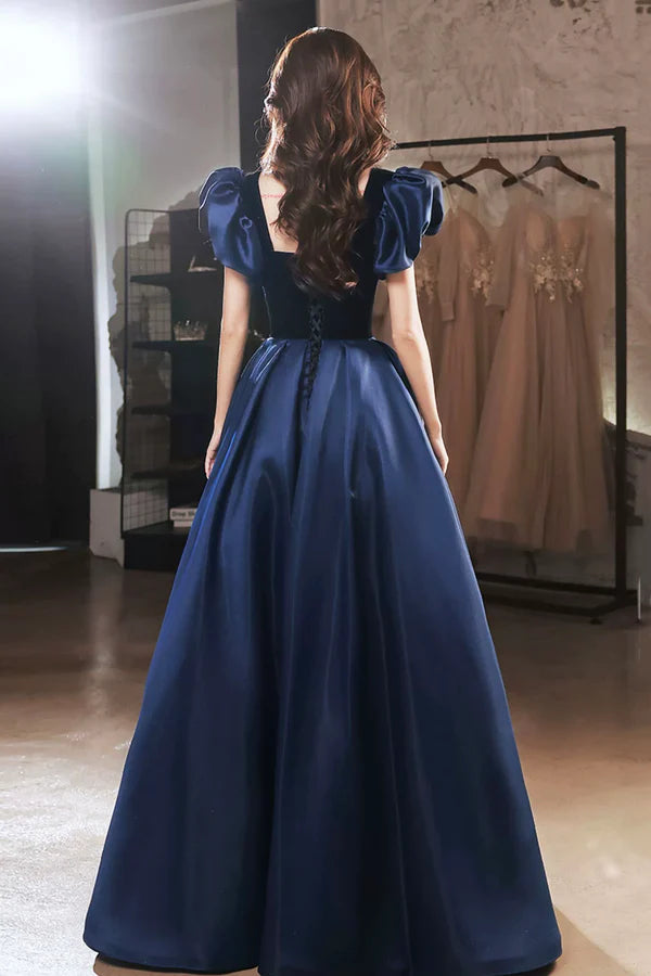 Wholesale Blue Velvet and Satin Floor Length Prom Dress Elegant Short Sleeve Evening Party Dress