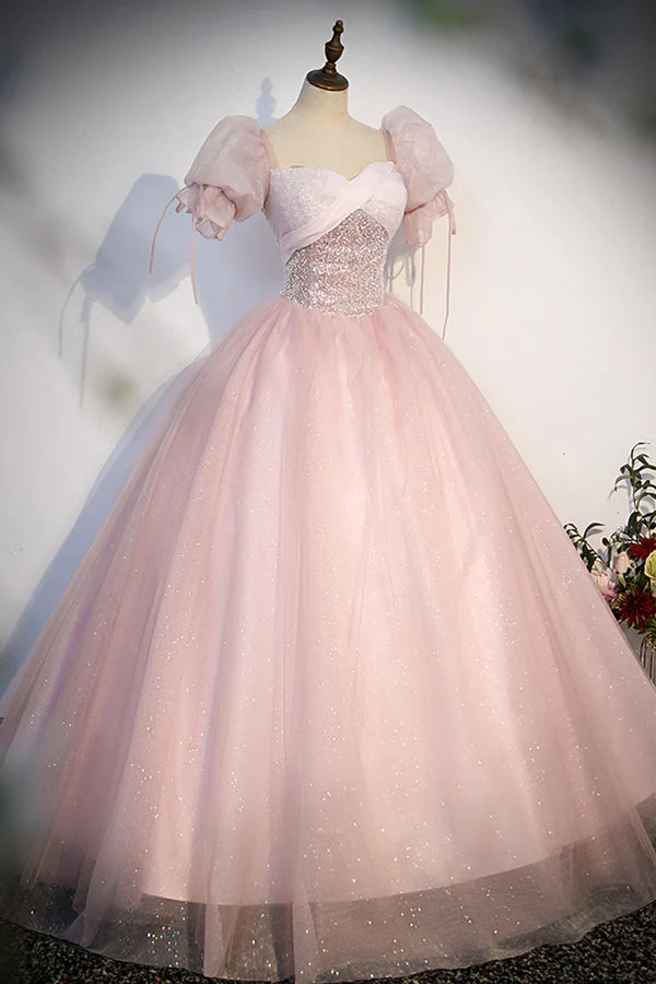 Wholesale Pink Tulle Sequins Long Prom Dress Lovely A-Line Short Sleeve Evening Party Dress