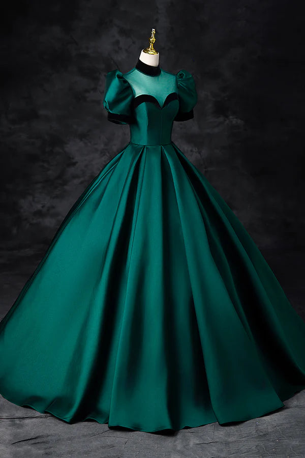 Wholesale Green Satin Long Prom Dress Elegant A-Line Short Sleeve Formal Evening Dress