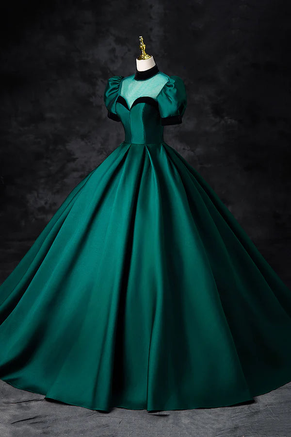 Wholesale Green Satin Long Prom Dress Elegant A-Line Short Sleeve Formal Evening Dress