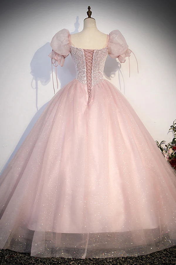 Wholesale Pink Tulle Sequins Long Prom Dress Lovely A-Line Short Sleeve Evening Party Dress
