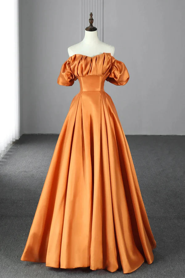 Wholesale Orange Satin A-Line Floor Length Prom Dress Off the Shoulder Evening Party Dress