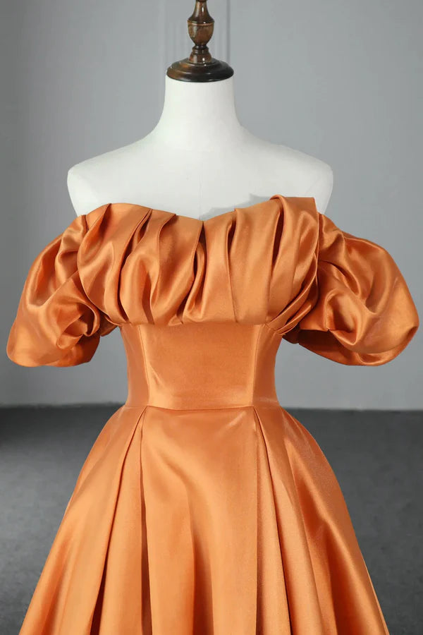 Wholesale Orange Satin A-Line Floor Length Prom Dress Off the Shoulder Evening Party Dress