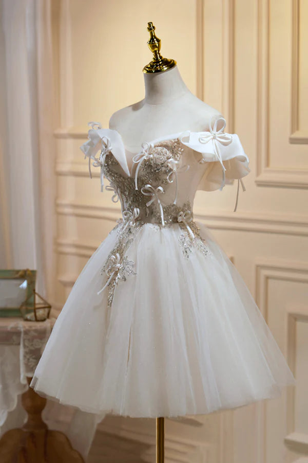 Wholesale Cute Tulle Sequins Short Prom Dress Light Champagne Off Shoulder Party Dress
