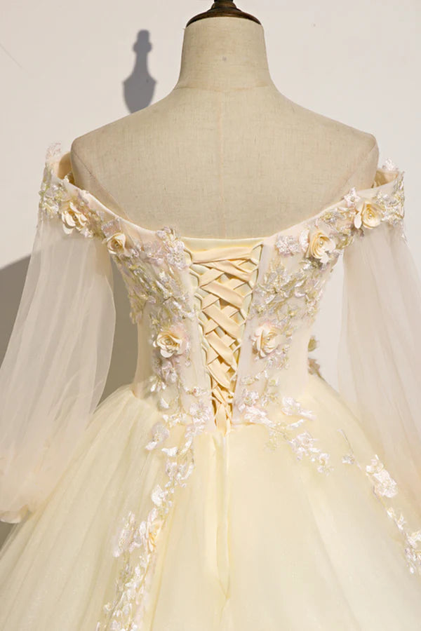 Wholesale Champagne Tulle Lace Floor Length Prom Dress Off Shoulder Long Sleeve Evening Dress