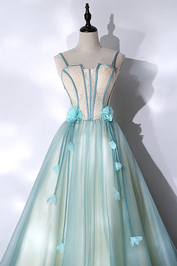 Wholesale Green Tulle Long A-Line Prom Dress Green Spaghetti Straps Graduation Dress