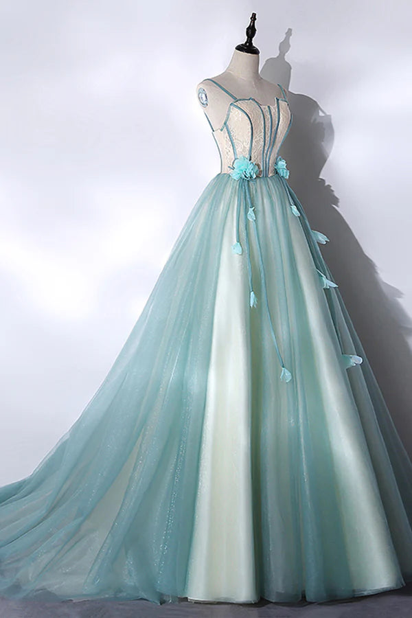 Wholesale Green Tulle Long A-Line Prom Dress Green Spaghetti Straps Graduation Dress