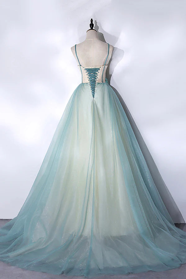 Wholesale Green Tulle Long A-Line Prom Dress Green Spaghetti Straps Graduation Dress