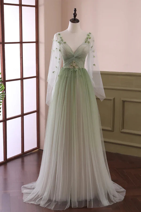 Wholesale Beautiful Gradient Tulle Green Long Sleeves Party Dress Green Evening Formal Dresses