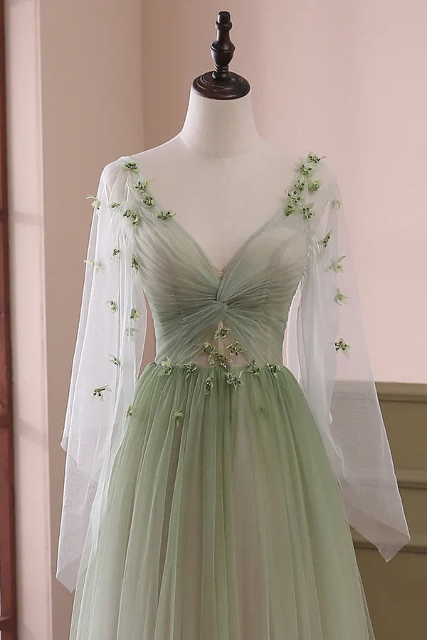 Wholesale Beautiful Gradient Tulle Green Long Sleeves Party Dress Green Evening Formal Dresses