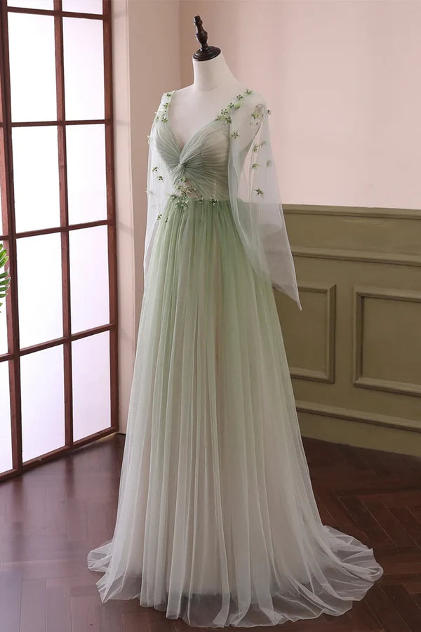 Wholesale Beautiful Gradient Tulle Green Long Sleeves Party Dress Green Evening Formal Dresses
