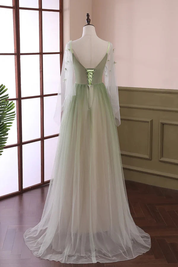 Wholesale Beautiful Gradient Tulle Green Long Sleeves Party Dress Green Evening Formal Dresses