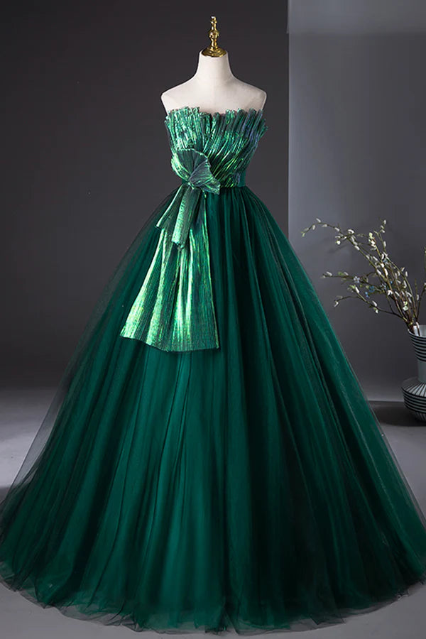 Wholesale Dark Green Strapless Tulle Long Prom Dress Beautiful A-Line Formal Evening Dress
