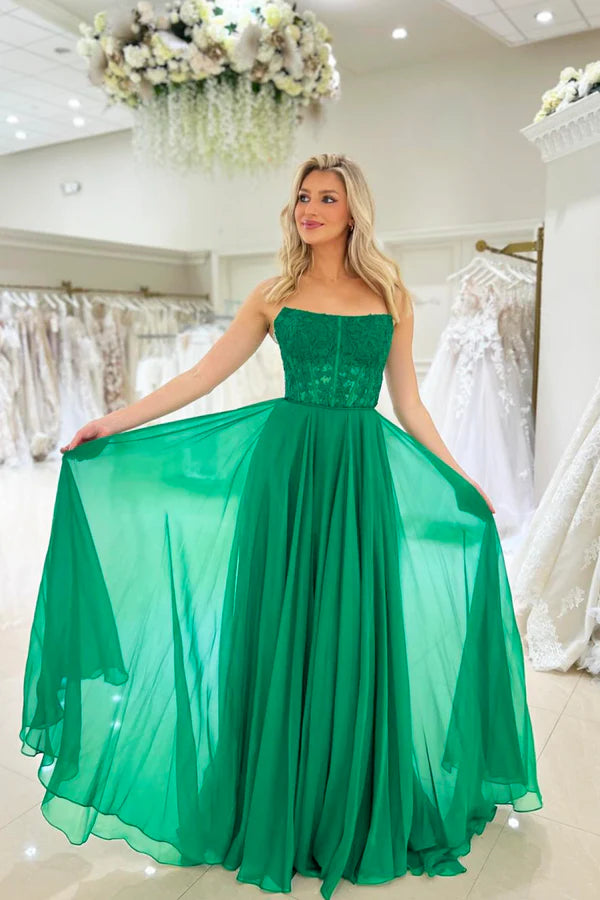 Wholesale A-Line Green Chiffon Lace Long Prom Dress Beautiful Strapless Floor Length Evening Party Dress