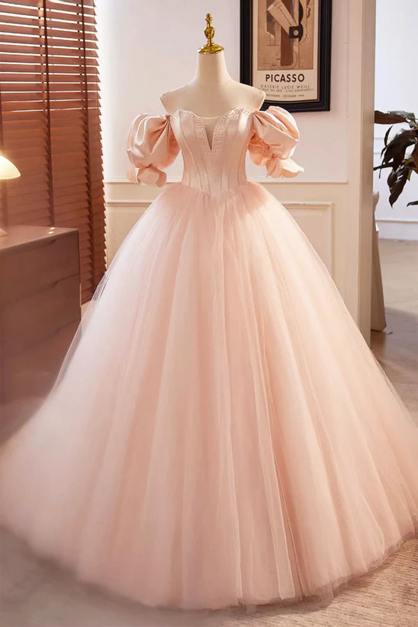 Wholesale Beautiful Blushing Pink Beading Prom Dresses Off the Shoulder Puffy Short Sleeve Backless Floor-Length Party Dresses