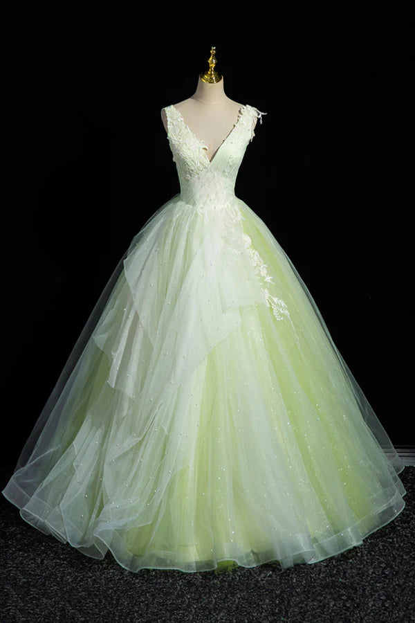 Wholesale Charming Tulle Lace Green Prom Dresses V-Neck Sleeveless Floor-Length Formal Evening Dresses