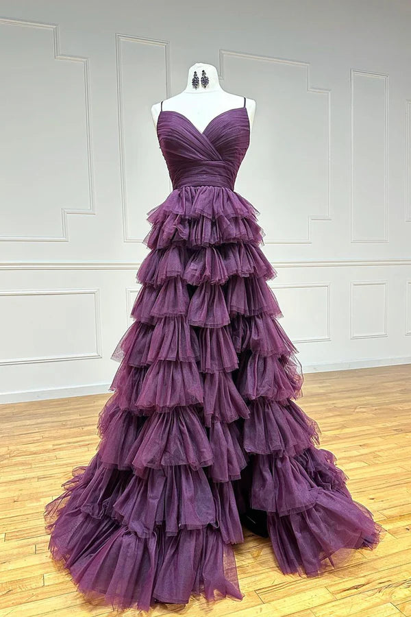 Wholesale Purple Tulle Layers Long Prom Dress Purple Spaghetti Strap A-Line Evening Party Dress