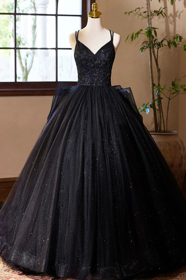 Wholesale Black V-Neck Tulle Lace Prom Dress Gorgeous A-Line Evening Party Dress