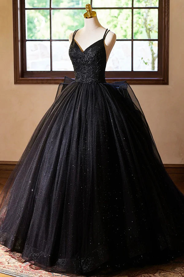 Wholesale Black V-Neck Tulle Lace Prom Dress Gorgeous A-Line Evening Party Dress