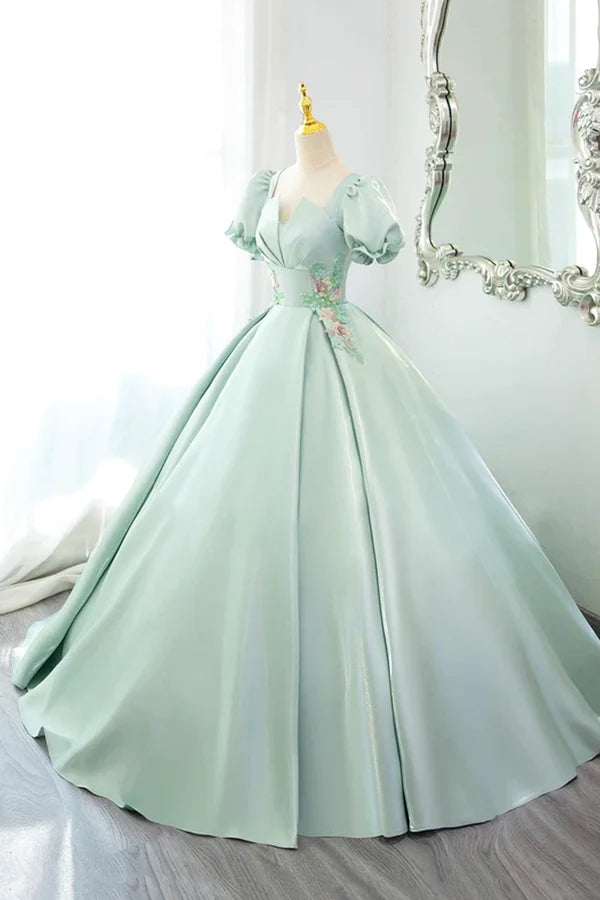 Wholesale Green Satin Lace Long Prom Dress Beautiful A-Line Short Sleeve Evening Party Dress