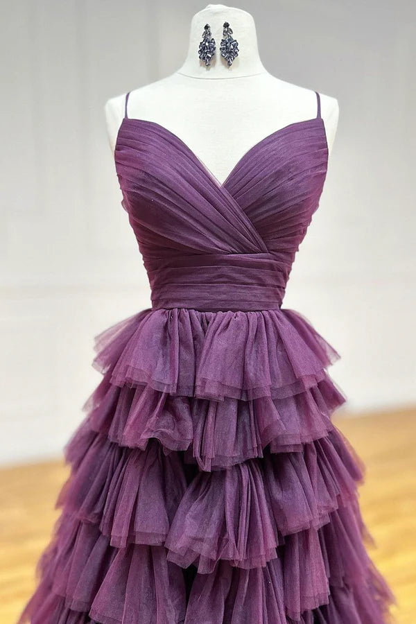 Wholesale Purple Tulle Layers Long Prom Dress Purple Spaghetti Strap A-Line Evening Party Dress
