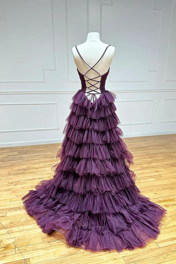 Wholesale Purple Tulle Layers Long Prom Dress Purple Spaghetti Strap A-Line Evening Party Dress
