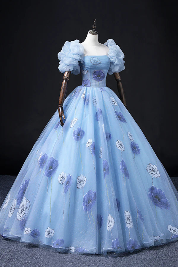 Wholesale Beautiful Floral Tulle Long Prom Dress Blue Short Sleeve Evening Dress