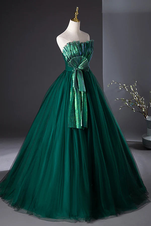 Wholesale Dark Green Strapless Tulle Long Prom Dress Beautiful A-Line Formal Evening Dress