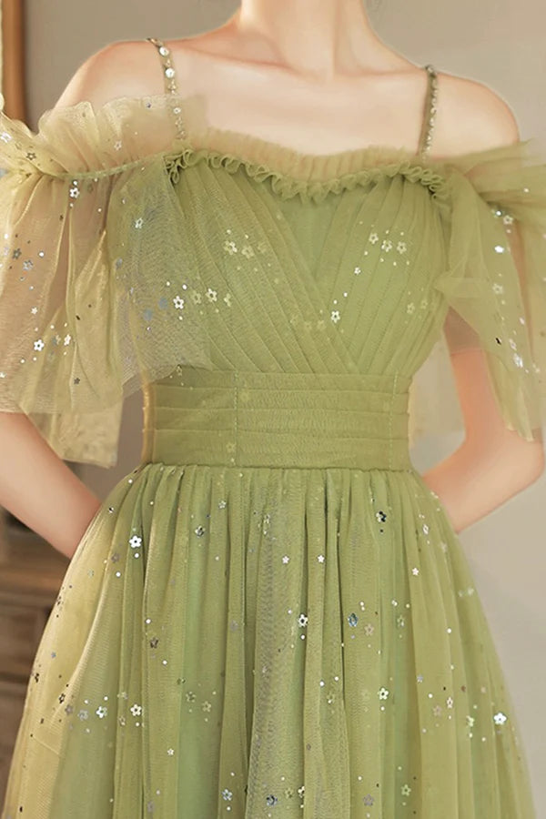 Wholesale Green Spaghetti Strap Tulle Short Prom Dress Charming Knee Length A-Line Party Dress