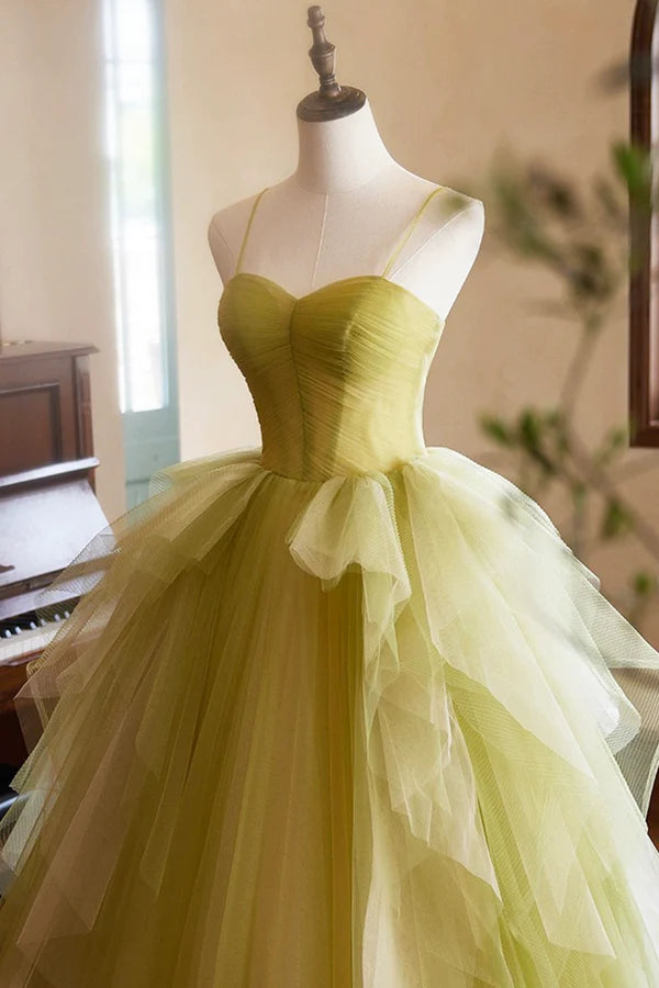 Wholesale Green Ruffle Long A-Line Prom Dresses Spaghetti Straps Backless Evening Dresses