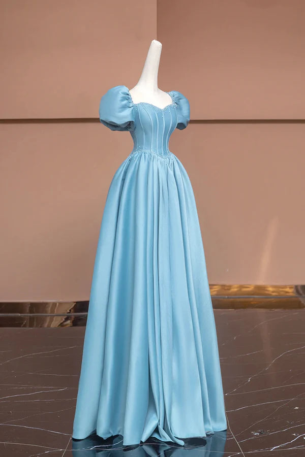 Wholesale Blue Satin Long A-Line Prom Dress with Pearls Cute Short Sleeve Evening Dress