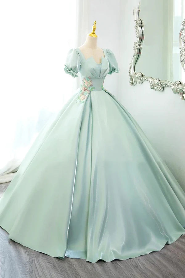 Wholesale Green Satin Lace Long Prom Dress Beautiful A-Line Short Sleeve Evening Party Dress