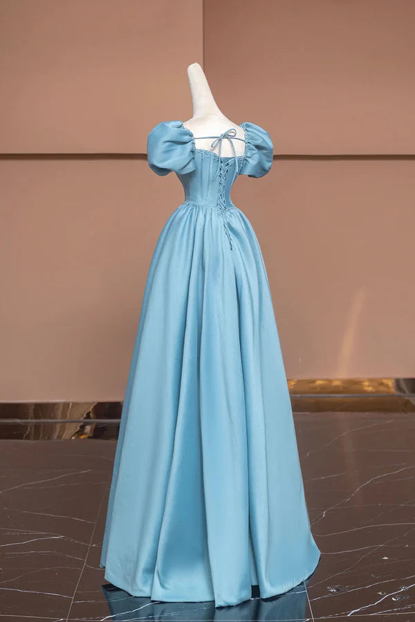 Wholesale Blue Satin Long A-Line Prom Dress with Pearls Cute Short Sleeve Evening Dress