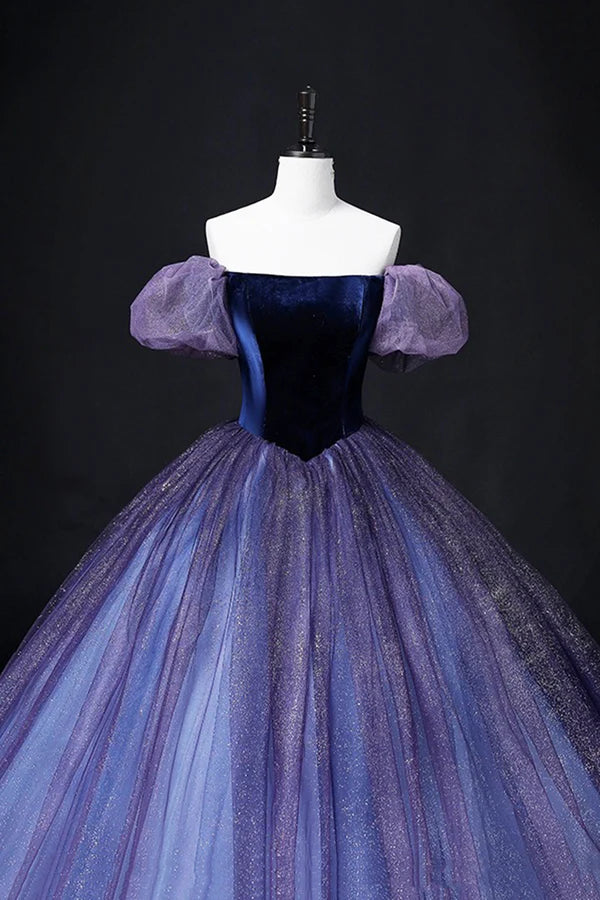 Wholesale Lovely Velvet Tulle Long Prom Dress Purple Off the Shoulder Evening Party Gown