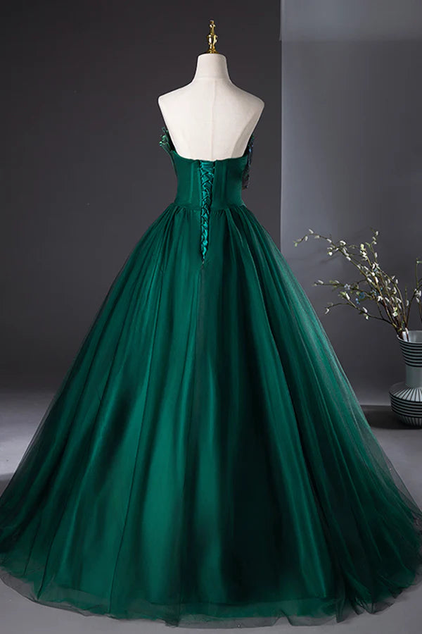 Wholesale Dark Green Strapless Tulle Long Prom Dress Beautiful A-Line Formal Evening Dress