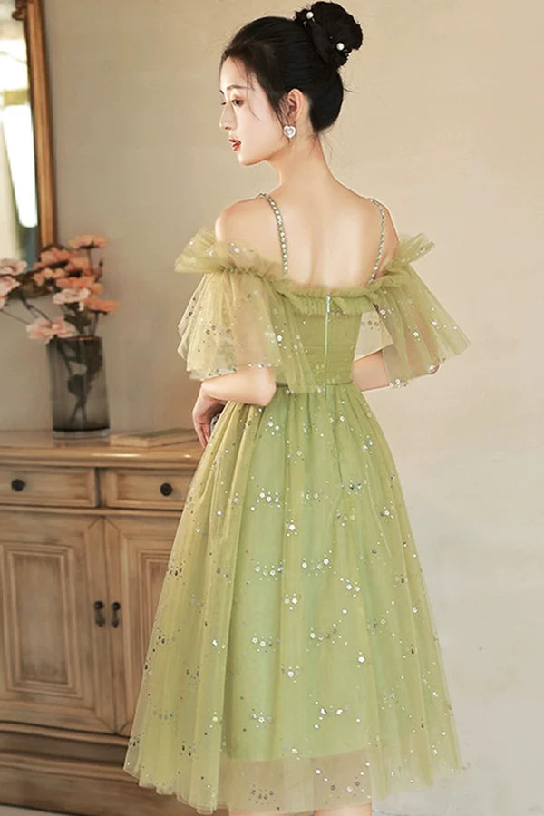 Wholesale Green Spaghetti Strap Tulle Short Prom Dress Charming Knee Length A-Line Party Dress