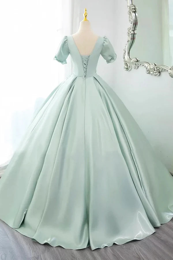 Wholesale Green Satin Lace Long Prom Dress Beautiful A-Line Short Sleeve Evening Party Dress