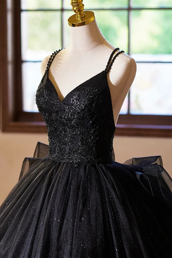 Wholesale Black V-Neck Tulle Lace Prom Dress Gorgeous A-Line Evening Party Dress