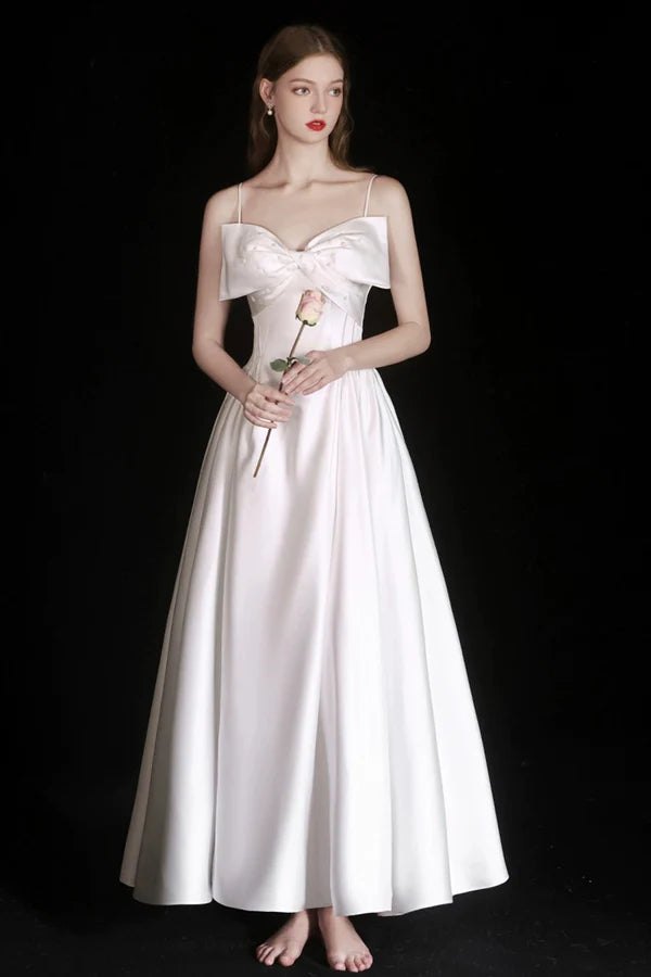 Wholesale Cute Satin Tea Length Prom Dress White Spaghetti Strap A-Line Evening Party Dress