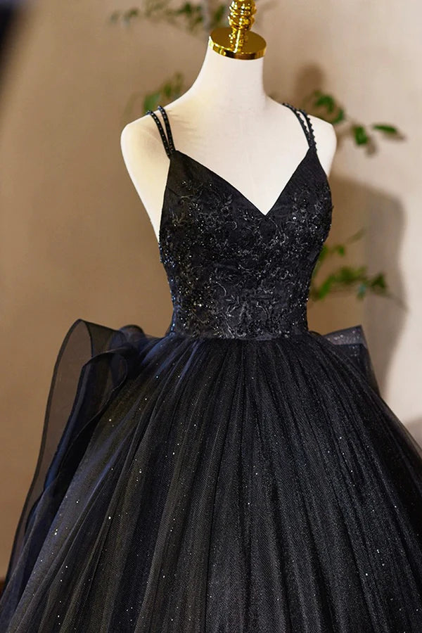 Wholesale Black V-Neck Tulle Lace Prom Dress Gorgeous A-Line Evening Party Dress
